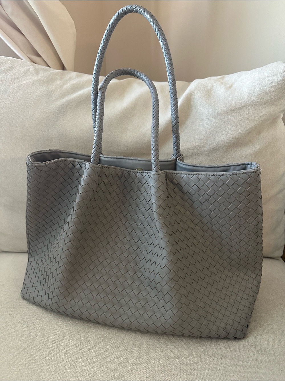 Woven Vegan LeatgerTote Bag in Dove Gray with Dual Top Handles